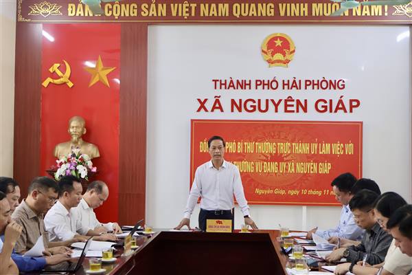 Phó Bí thư Thường trực Thành ủy Đỗ Mạnh Hiến làm việc với Ban Thường vụ Đảng ủy xã Nguyên Giáp về phát triển kinh tế - xã hội địa phương