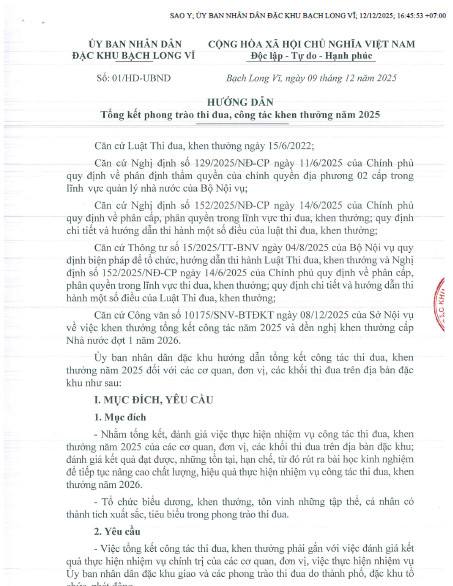 Hướng dẫn số 01/HD-UBND ngày 09/12/2025 của UBND đặc khu Bạch Long Vĩ V/v Tổng kết phong trào thi đua, công tác khen thưởng năm 2025