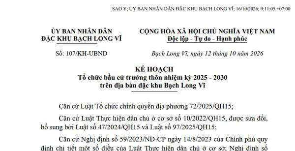 Kế hoạch Tổ chức bầu cử trưởng thôn nhiệm kỳ 2025 - 2030 trên địa bàn đặc khu Bạch Long Vĩ