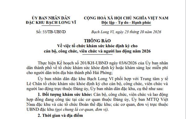 Thông báo Về việc tổ chức khám sức khỏe định kỳ cho cán bộ, công chức, viên chức và người lao động năm 2026