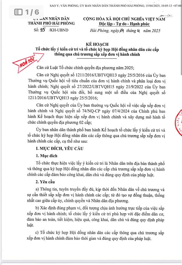 Kế hoạch của UBND Thành phố Hải Phòng KH tổ chức lấy ý kiến cử tri và tổ chức kỳ họp HĐND các cấp thông qua chủ trương sắp xếp đơn vị hành chính