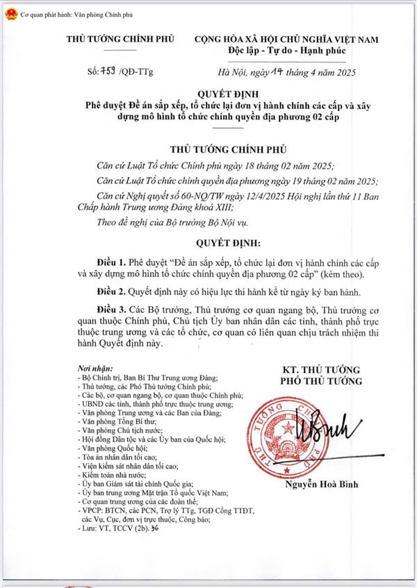 Quyết định số 759 của Thủ tướng Chính phủ Quyết định phê duyệt Đề án sắp xếp, tổ chức lại đơn vị hành chính các cấp và xây dựng mô hình tổ chức chính quyền địa phương 2 cấp 