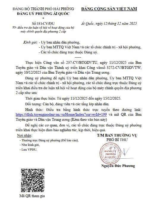 Thông báo tham gia trả lời phiếu điều tra dư luận xã hội về hoạt động của bộ máy chính quyền địa phương 2 cấp