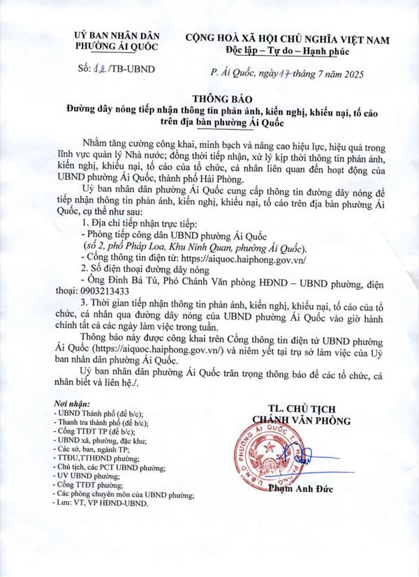 Thông báo đường dây nóng tiếp nhận thông tin phản ánh, kiến nghị, khiếu nại, tố cáo trên địa bàn phường Ái Quốc