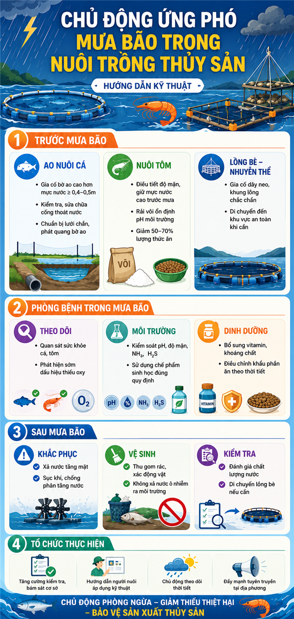 Hướng dẫn một số biện pháp chăm sóc, quản lý nuôi trồng thủy sản trong mùa mưa bão.