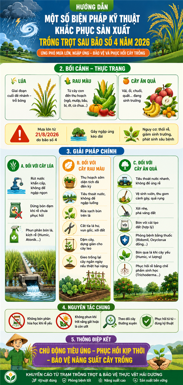 Một số biện pháp kỹ thuật xử lý, khắc phục sản xuất trồng trọt cho cây trồng sau bão số 4 năm 2026.
