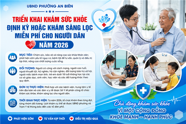 UBND PHƯỜNG AN BIÊN BAN HÀNH KẾ HOẠCH TRIỂN KHAI KHÁM SỨC KHỎE ĐỊNH KỲ HOẶC KHÁM SÀNG LỌC MIỄN PHÍ CHO NGƯỜI DÂN NĂM 2026