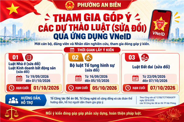 PHƯỜNG AN BIÊN: MỜI THAM GIA GÓP Ý CÁC DỰ THẢO LUẬT QUA ỨNG DỤNG VNeID