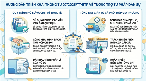 Thông tư 07/2026/TT-BTP ngày 16/5/2026 của Bộ Tư pháp về trình tự, thủ tục, nộp thu chi phí thực tế, thực hiện tống đạt giấy tờ của nước ngoài và các mẫu văn bản tương tự tư pháp về dân sự
