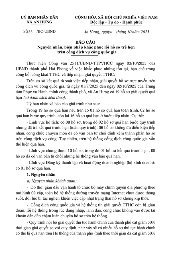 Công văn số: 133/BC-UBND ngày 14 tháng 10 năm 2025 của Ủy ban nhân dân xã An Hưng về báo cáo nguyên nhân, biện pháp khắc phục lỗi hồ sơ trễ hẹn trên cổng dịch vụ công quốc gia