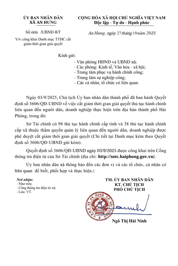 Công văn số: 606  /UBND-KT ngày 27 tháng 10 năm 2025 của Ủy ban nhân dân xã An Hưng về việc công khai Danh mục TTHC cắt giảm thời gian giải quyết