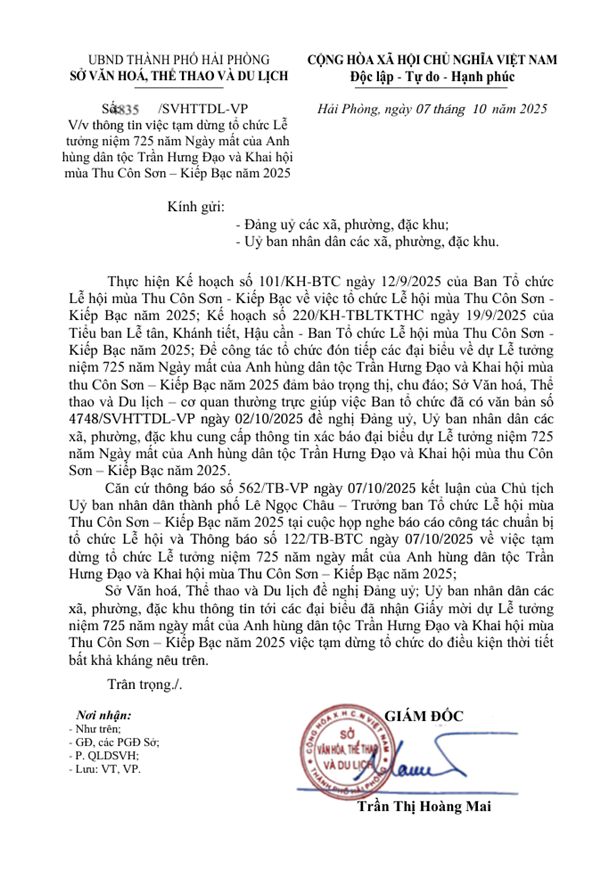 Thông báo số 1835/SVHTTDL-VP của Sở Văn hóa, Thể thao và Du lịch ngày 7 tháng 10 năm 2025 về việc thông tin việc tạm dừng tổ chức Lễ tưởng niệm 725 năm Ngày mất của Anh hùng dân tộc Trần Hưng Đạo và Khai hội mùa Thu Côn Sơn- Kiếp Bạc năm 2025.