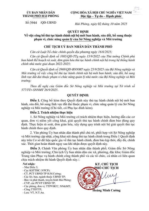 Quyết định số: 3944/ QĐ - UBND ngày 2/10/2025 của Ủy ban nhân dân Thành phố Hải  về việc công bố thủ tục hành chính nội bộ mới ban hành, sửa đổi, bổ sung thuộc phạm vi, chức năng quản lý của Sở Nông nghiệp và Môi trường
