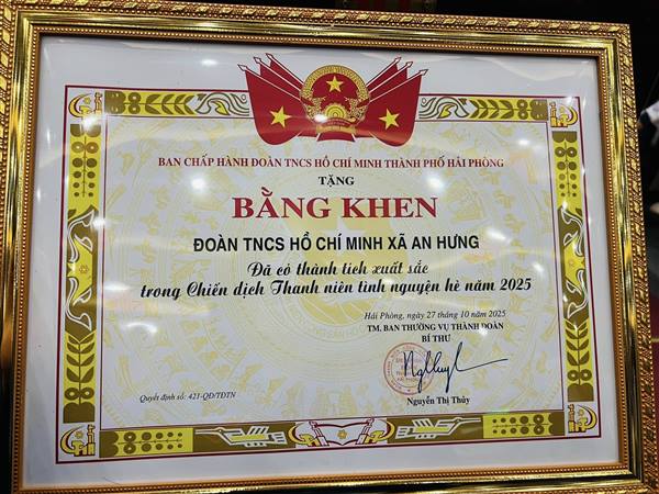 ĐOÀN XÃ AN HƯNG VINH DỰ NHẬN BẰNG KHEN ĐÃ CÓ THÀNH TÍCH XUẤT SẮC TRONG CHIẾN DỊCH THANH NIÊN TÌNH NGUYỆN HÈ NĂM 2025 CỦA BCH THÀNH ĐOÀN HẢI PHÒNG
