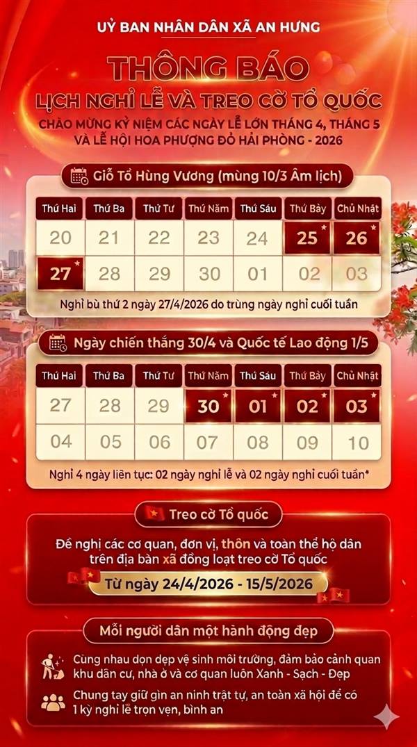 THÔNG BÁO: Treo Cờ Tổ quốc chào mừng các ngày lễ lớn và Lễ hội Hoa Phượng Đỏ 2026