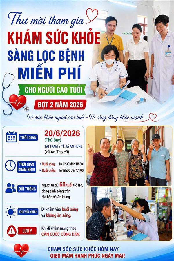 THƯ MỜI KHÁM SỨC KHỎE, SÀNG LỌC BỆNH MIỄN PHÍ CHO NGƯỜI CAO TUỔI ĐỢT 2 NĂM 2026