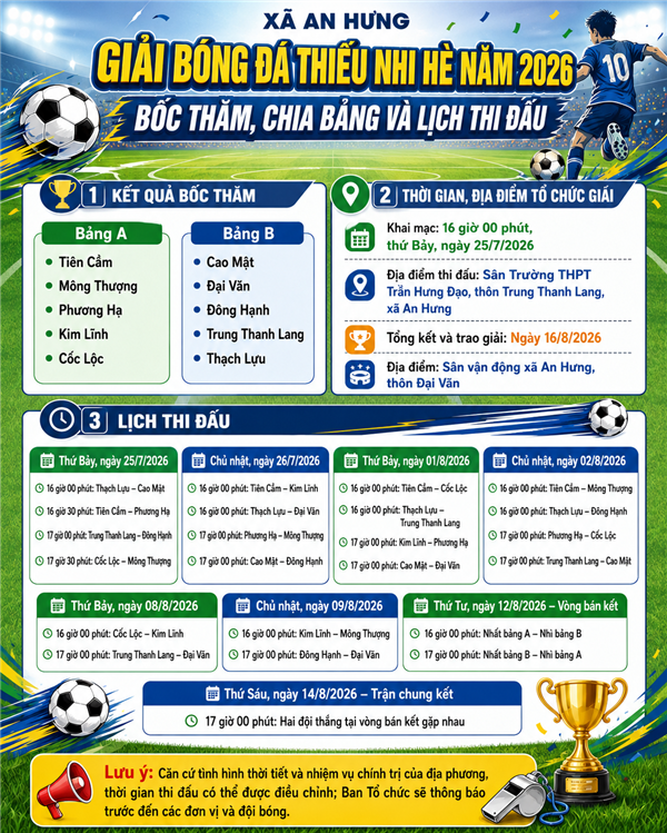 BỐC THĂM, CHIA BẢNG VÀ LỊCH THI ĐẤU GIẢI BÓNG ĐÁ THIẾU NHI HÈ 2026 XÃ AN HƯNG 