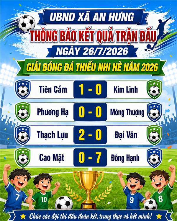 Kết quả trận đấu chiều ngày 26/7/2026 trong khuôn khổ Giải bóng đá Thiếu nhi hè năm 2026