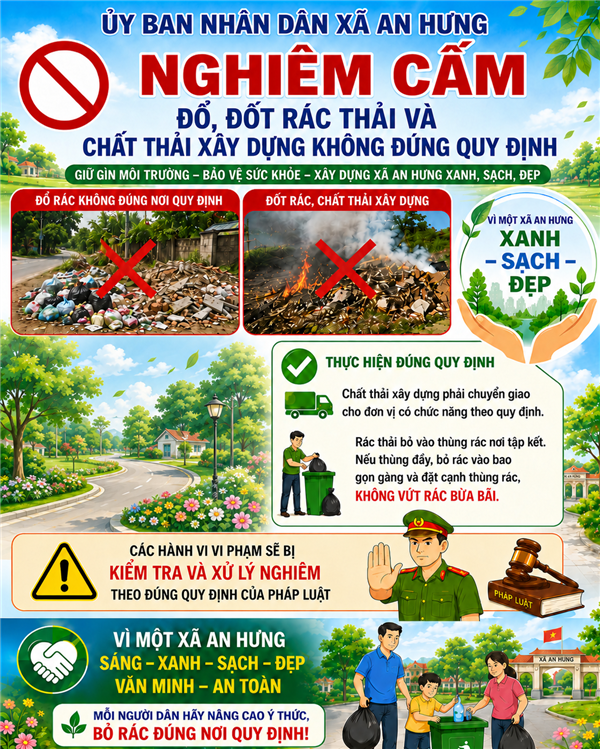 XÃ AN HƯNG NGHIÊM CẤM ĐỔ, ĐỐT RÁC THẢI VÀ CHẤT THẢI XÂY DỰNG KHÔNG ĐÚNG QUY ĐỊNH