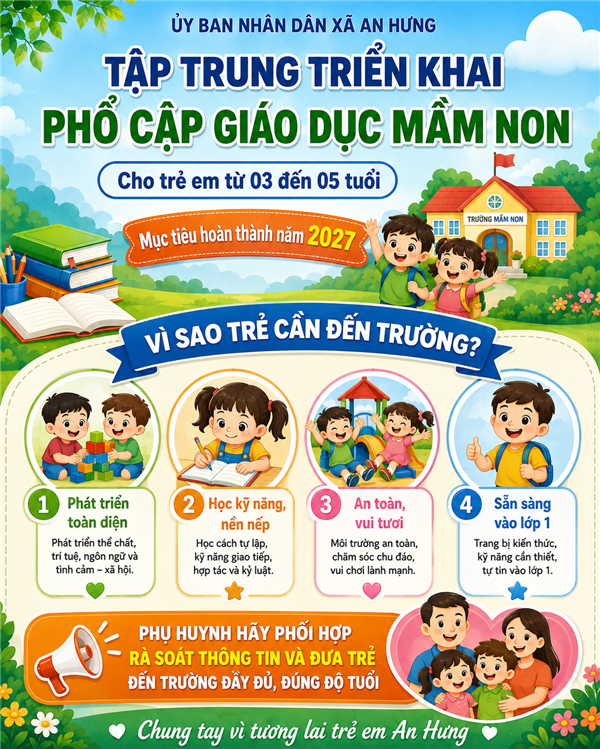 XÃ AN HƯNG TẬP TRUNG TRIỂN KHAI PHỔ CẬP GIÁO DỤC MẦM NON CHO TRẺ EM TỪ 03 ĐẾN 05 TUỔI