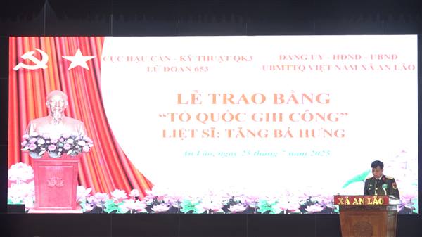 Xã An Lão trang trọng tổ chức lễ trao bằng “Tổ quốc ghi công” liệt sĩ Tăng Bá Hưng