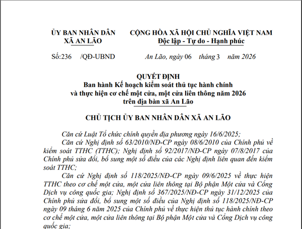 Quyết định Ban hành Kế hoạch kiểm soát thủ tục hành chính và thực hiện cơ chế một cửa, một cửa liên thông năm 2026 trên địa bàn xã An Lão