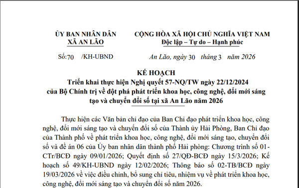 Kế hoạch Triển khai thực hiện Nghị quyết 57-NQ/TW ngày 22/12/2024 của Bộ Chính trị về đột phá phát triển khoa học, công nghệ, đổi mới sáng tạo và chuyển đổi số tại xã An Lão năm 2026