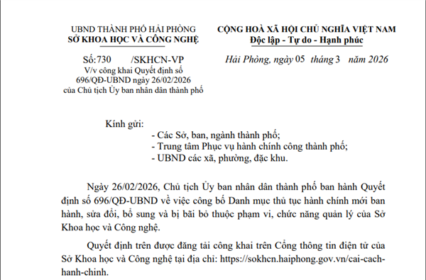 Thông báo công khai Quyết định số 696/QĐ-UBND ngày 26/02/2026 của Chủ tịch Ủy ban nhân dân thành phố