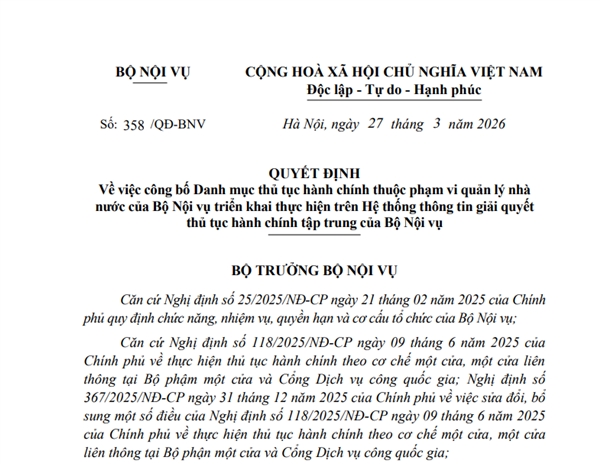 Quyết định Về việc công bố Danh mục thủ tục hành chính thuộc phạm vi quản lý nhà nước của Bộ Nội vụ triển khai thực hiện trên Hệ thống thông tin giải quyết thủ tục hành chính tập trung của Bộ Nội vụ