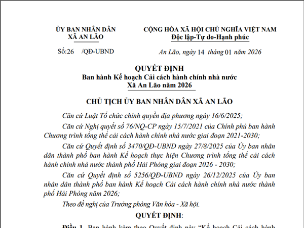Quyết định Ban hành Kế hoạch Cải cách hành chính nhà nước Xã An Lão năm 2026