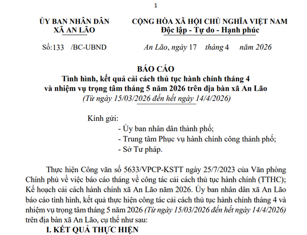  Kết quả cải cách thủ tục hành chính tháng 4 và nhiệm vụ trọng tâm tháng 5 năm 2026 trên địa bàn xã An Lão (Từ ngày 15/03/2026 đến hết ngày 14/4/2026)