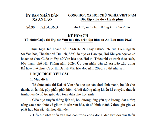 Kế hoạch Tổ chức Cuộc thi Đại sứ Văn hóa đọc trên địa bàn xã An Lão năm 2026