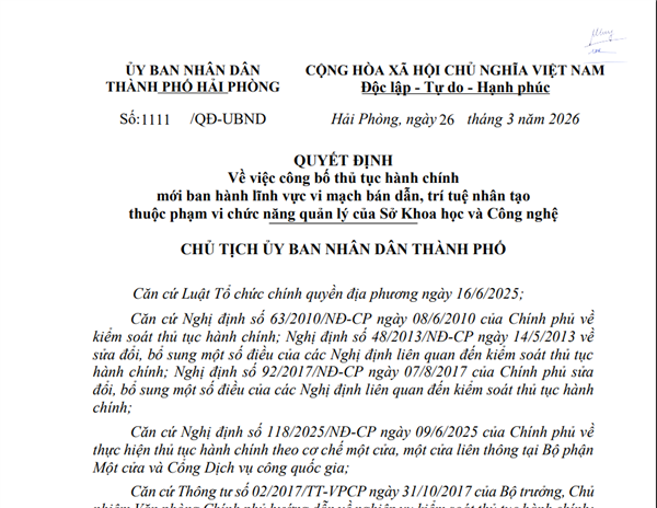 Quyết định Về việc công bố thủ tục hành chính mới ban hành lĩnh vực vi mạch bán dẫn, trí tuệ nhân tạo thuộc phạm vi chức năng quản lý của Sở Khoa học và Công nghệ