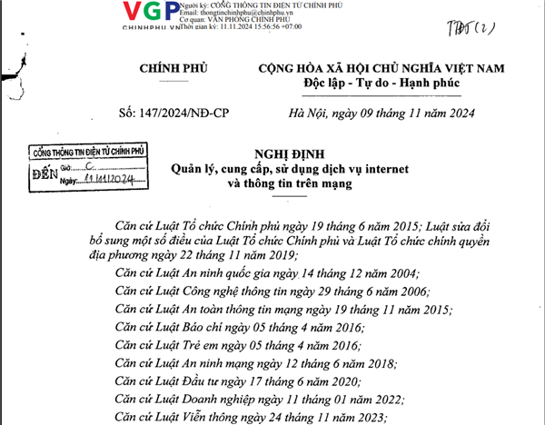 Nghị định số 147/2024/NĐ-CP ngày 09/11/2024 của Chính phủ về việ Quản lý, cung cấp, sử dụng dịch vụ internet và thông tin trên mạng