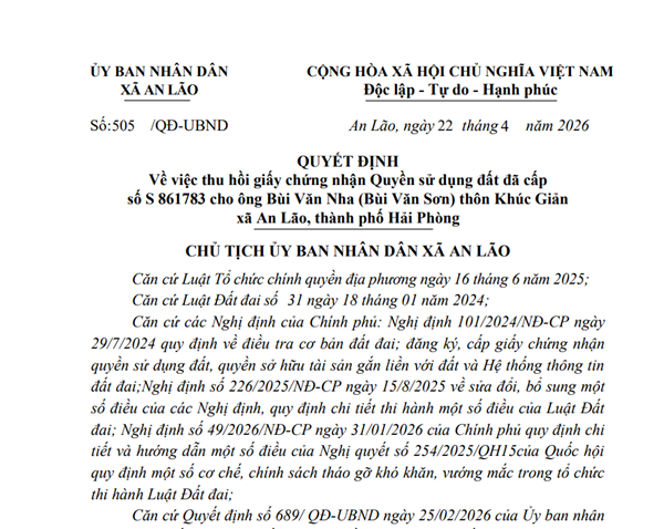 Quyết định về việc thu hồi giấy chứng nhận Quyền sử dụng đất đã cấp số S 861783 cho ông Bùi Văn Nha (Bùi Văn Sơn) thôn Khúc Giản xã An Lão, thành phố Hải Phòng 