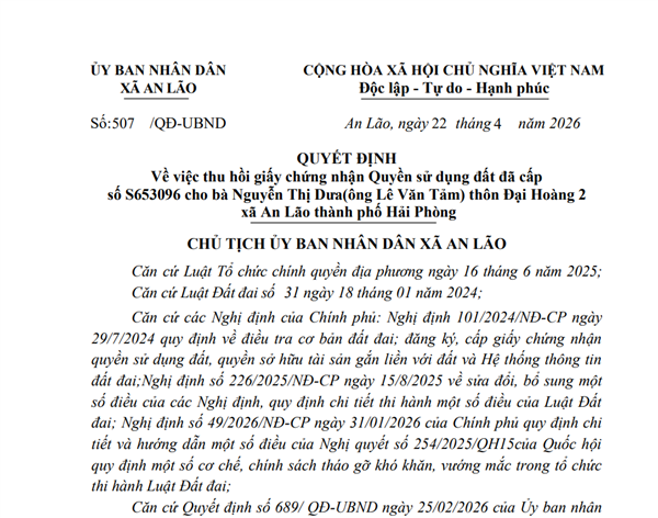 Quyết định về việc thu hồi giấy chứng nhận Quyền sử dụng đất đã cấp số S653096 cho bà Nguyễn Thị Dưa(ông Lê Văn Tảm) thôn Đại Hoàng 2 xã An Lão thành phố Hải Phòng
