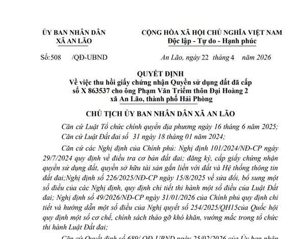 Quyết định Về việc thu hồi giấy chứng nhận Quyền sử dụng đất đã cấp số X 863537 cho ông Phạm Văn Triểm thôn Đại Hoàng 2 xã An Lão, thành phố Hải Phòng