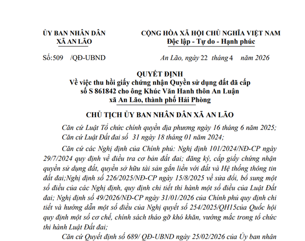 Quyết định Về việc thu hồi giấy chứng nhận Quyền sử dụng đất đã cấp số S 861842 cho ông Khúc Văn Hanh thôn An Luận xã An Lão, thành phố Hải Phòng