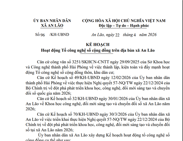 Kế hoạch Hoạt động Tổ công nghệ số cộng đồng trên địa bàn xã An Lão