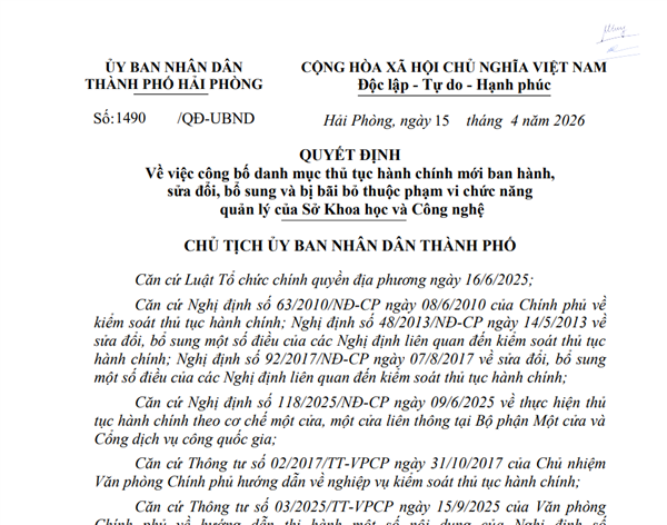 Quyết định Về việc công bố danh mục thủ tục hành chính mới ban hành, sửa đổi, bổ sung và bị bãi bỏ thuộc phạm vi chức năng quản lý của Sở Khoa học và Công nghệ
