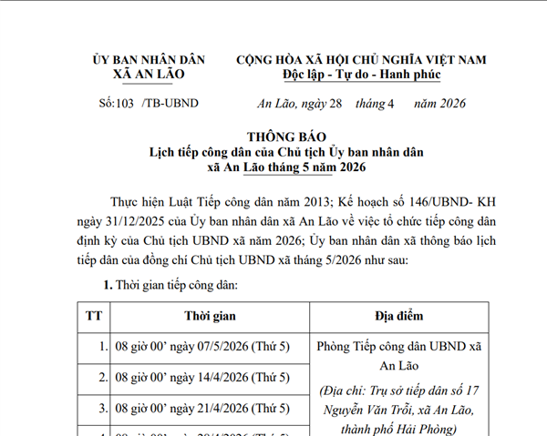Thông báo Lịch tiếp công dân của Chủ tịch Ủy ban nhân dân xã An Lão tháng 5 năm 2026