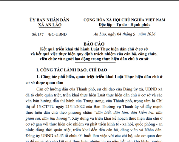 Báo cáo Kết quả triển khai thi hành Luật Thực hiện dân chủ ở cơ sở và kết quả việc thực hiện quy định trách nhiệm của cán bộ, công chức, viên chức và người lao động trong thực hiện dân chủ ở cơ sở 