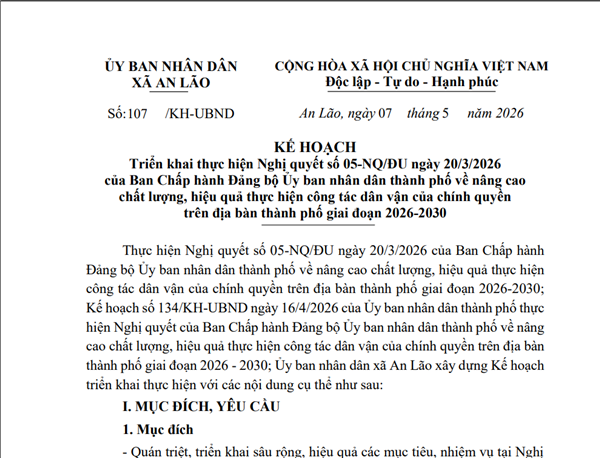 Kế hoạch triển khai thực hiện Nghị quyết số 05-NQ/ĐU ngày 20/3/2026 của Ban Chấp hành Đảng bộ Ủy ban nhân dân thành phố về nâng cao chất lượng, hiệu quả thực hiện công tác dân vận của chính quyền trên địa bàn thành phố giai đoạn 2026-2030
