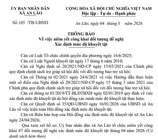Thông báo về việc niêm yết công khai đối tượng đề nghị Xác định mức độ khuyết tật