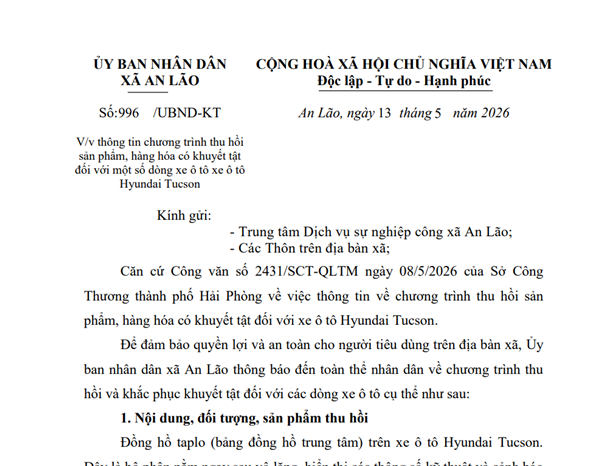 Thông báo chương trình thu hồi sản phẩm, hàng hóa có khuyết tật đối với một số dòng xe ô tô xe ô tô Hyundai Tucson