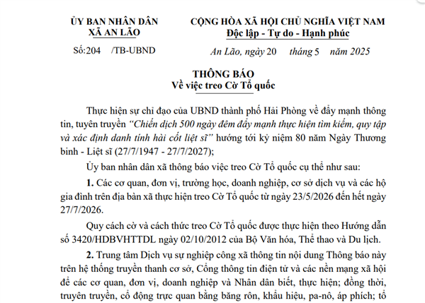 Thông báo về việc treo Cờ Tổ quốc