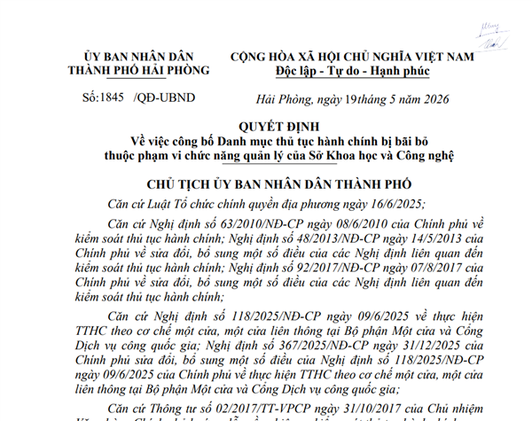 Quyết định Về việc công bố Danh mục thủ tục hành chính bị bãi bỏ thuộc phạm vi chức năng quản lý của Sở Khoa học và Công nghệ
