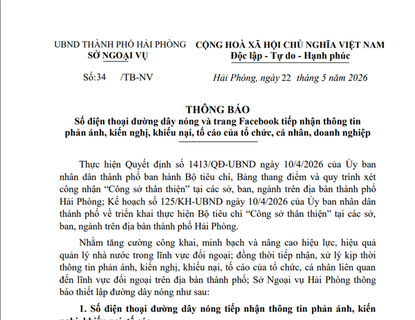 Thông báo Số điện thoại đường dây nóng và trang Facebook tiếp nhận thông tin phản ánh, kiến nghị, khiếu nại, tố cáo của tổ chức, cá nhân, doanh nghiệp