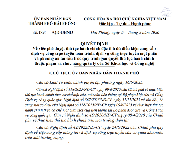 Quyết định Về việc phê duyệt thủ tục hành chính đặc thù đủ điều kiện cung cấp dịch vụ công trực tuyến toàn trình, dịch vụ công trực tuyến một phần và phương án tái cấu trúc quy trình giải quyết thủ tục hành chính thuộc phạm vi, chức năng quản lý của Sở Khoa học và Công nghệ