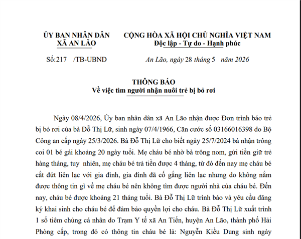 Thông báo về việc tìm người nhận nuôi trẻ bị bỏ rơi
